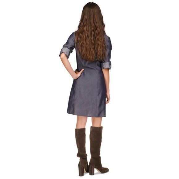 MICHAEL KORS Women Ruched-Front Roll-Tab-Sleeve Shirtdress Blue Size S MSRP $165 - Picture 2 of 2